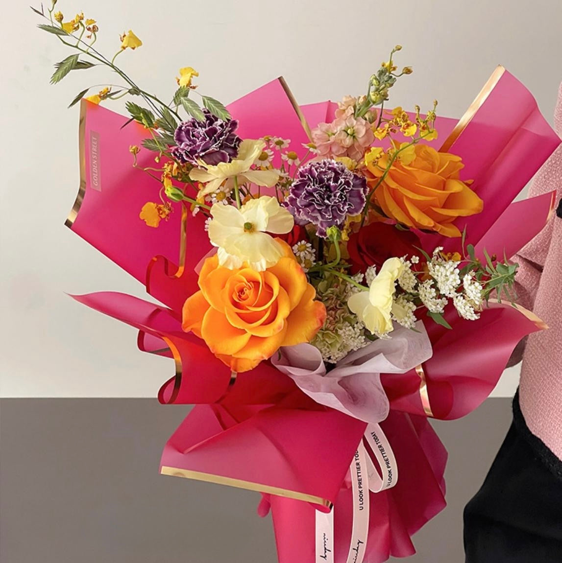 Semi Transparent Gold Edge Floral Bouquet Wrapping Paper